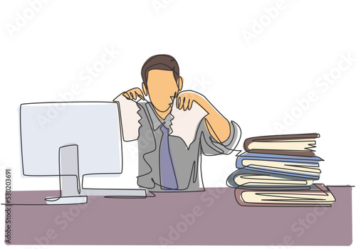 Single continuous line drawing of young mad stressful businessman tearing paper in his work desk at his office. Business project failure concept one line draw graphic design vector illustration