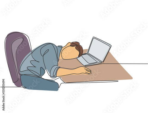 Single continuous line drawing of young sleepy male worker fall asleep on laptop while he was working on his desk. Work fatigue at the office concept one line draw design graphic vector illustration