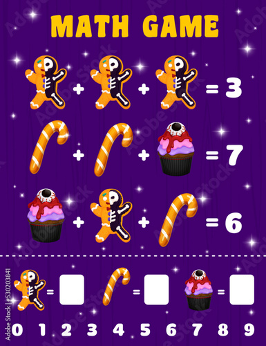 Cartoon Halloween sweets and candies. Math game worksheet. Children education quiz, math addition puzzle game vector worksheet with gingerbread man skeleton cookies, Halloween candy and creepy cupcake