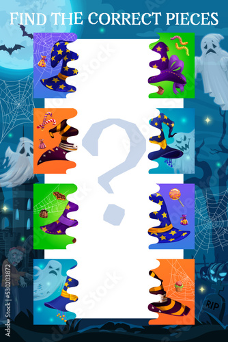 Find the half piece of Halloween witch hats. Objects parts matching riddle or piece connect children puzzle vector worksheet with wizard, mage or sorcerer hats, Halloween ghost and zombie monsters