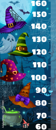 Kids height chart ruler. Halloween witch hats. Child growth centimeter scale, vector meter or ruler with wizard, sorcerer or mage hat, magic potion in cauldron and cemetery spooky ghost and cobweb