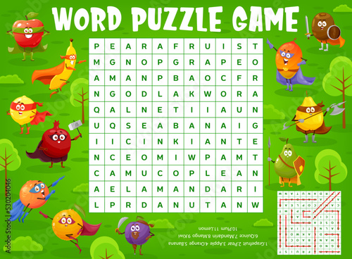 Cartoon fruits superhero and defender characters word search puzzle game worksheet. Vector grapefruit, pear, apple, orange and banana, quince, mandarin, mango, kiwi and plum. lemon personages