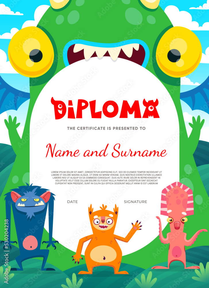 Fototapeta premium Kids diploma. Cartoon monster characters. Child graduation award, vector certificate or diploma with creepy monkey, toothy lizard and fairy dragon, funny sloth animal, squid cute monster personages
