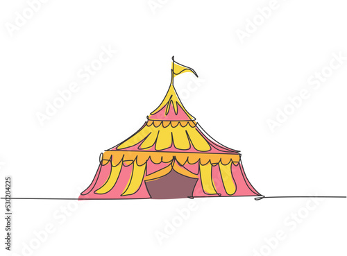 Single continuous line drawing circus tent in the shape of a triangle with stripes and a flag at the top. Show place for clowns, magicians, animals. One line draw graphic design vector illustration.
