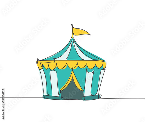 Single one line drawing of circus tent shaped like a pentagon with stripes and a flag at the top. Where clowns, magicians, animals perform. Continuous line draw design graphic vector illustration.