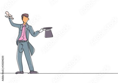 Single continuous line drawing the magician puts on a show by getting a bird out of his magic hat. A very interesting magic show. Dynamic one line draw graphic design vector illustration.