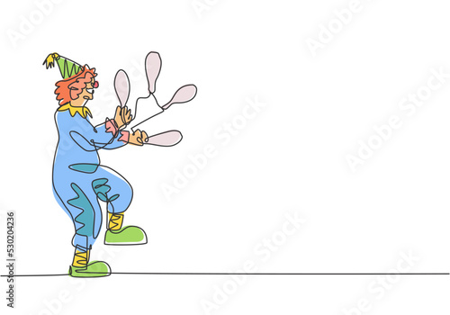 Single continuous line drawing a male clown juggling on one leg. The playing clown was very funny and entertained the audience. Circus show event. One line draw graphic design vector illustration.