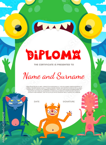 Kids diploma. Cartoon monster characters. Child graduation award, vector certificate or diploma with creepy monkey, toothy lizard and fairy dragon, funny sloth animal, squid cute monster personages