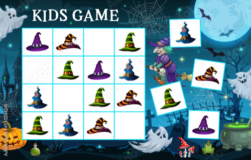 Halloween sudoku game. Witch hats, cemetery landscape and castle. Kids sudoku game or puzzle vector worksheet with sorcerer or wizard hat, Halloween Jack o lantern, cemetery ghosts and magic potion