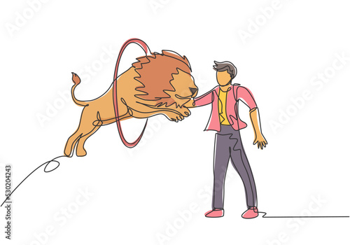 Continuous one line drawing a lion jumps into the circle held by the trainer. The trainer stands up carefully. A very challenging circus show. Single line draw design vector graphic illustration.