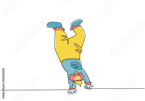 Continuous one line drawing male clowns perform handstand stunts which amaze all the audience. Really great show on the circus stage this time. Single line draw design vector graphic illustration.