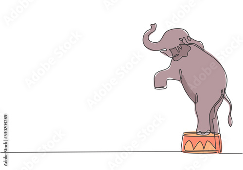 Single one line drawing of an elephant stands on a circus chair with its forelegs raised. Very good performance and successful circus show. Continuous line draw design graphic vector illustration.