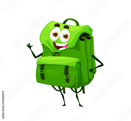 Cartoon cute green schoolbag character. Funny vector backpack with cute smiling face. Isolated school bag waving hand, student supply, pupil rucksack, knapsack accessory personage ready for learning