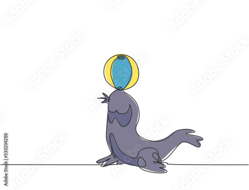 Single continuous line drawing a sea lion playing a stunt with a striped ball in its mouth. Sea ​​lions are highly trained in performance. Dynamic one line draw graphic design vector illustration.