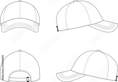 Fototapeta Blank Baseball Cap Mock-Up Vector Outline, Front Back and Side View