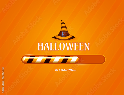 Halloween loading bar, horror holiday load indicator for party countdown, vector orange background. Halloween loading bar with witch hat decoration for autumn holiday greeting card or web page loading