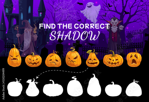 Find the correct shadow of cartoon Halloween pumpkins. Silhouette find puzzle or kids game vector worksheet with Halloween Jack or lantern carved faces, sorcerer, ghost and vampire monsters characters
