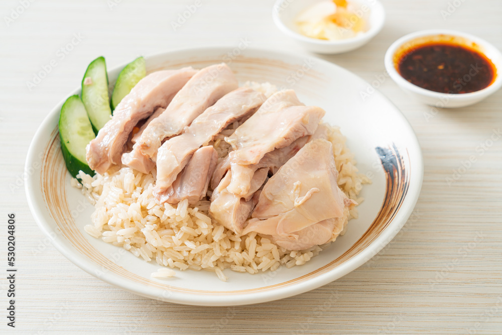 Hainanese chicken rice or rice steamed with chicken soup Hainanese chicken rice or rice steamed with chicken soup