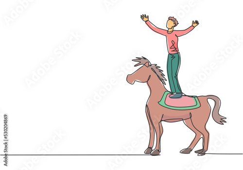 Single continuous line drawing a male acrobat performs a stunt on a circus horse by standing on the horse's back and raising his hands. Dynamic one line draw graphic design vector illustration.