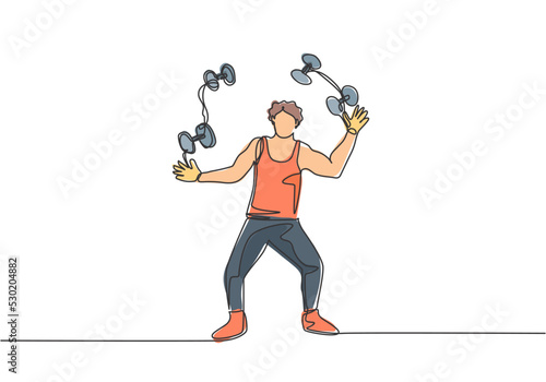 Single one line drawing an acrobat juggling small dumbbells. This game requires dexterity, concentration, and constant practice. Modern continuous line draw design graphic vector illustration.