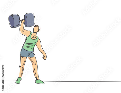 Single continuous line drawing strong people lift large dumbbells with only one hand. Stunt performers who really amazed the circus audience. Dynamic one line draw graphic design vector illustration