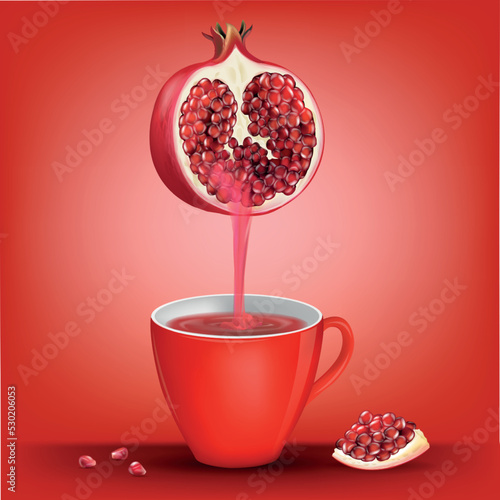 Drinking water from pomegranate comes down to the cup.illustration vector