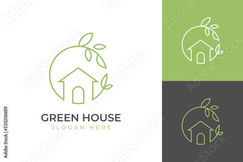 nature green house logo design line art style vector symbol icon design with leaf circle home concept, Eco friendly home logo design