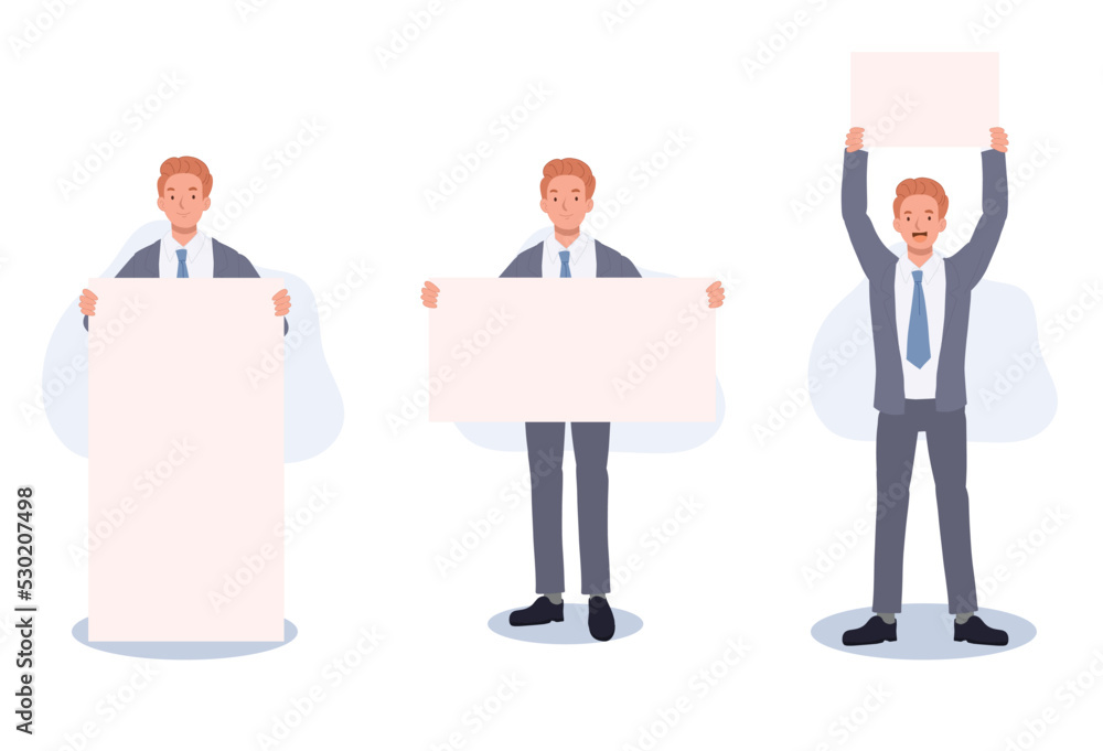 Set of businessman with blank white banner, blank sign. Vector illustration Set of businessman with blank white banner, blank sign. Vector illustration