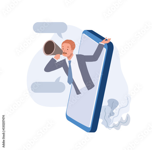 Businessman talking in a megaphone through the phone screen. The concept of digital marketing, advertising. Vector illustration