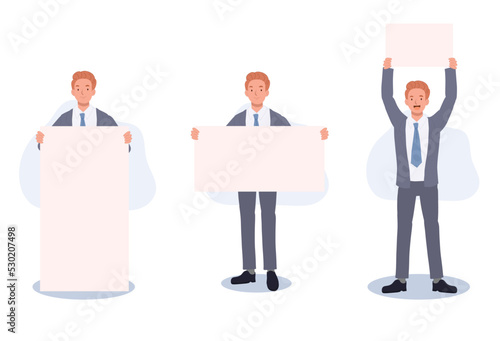 Set of businessman with blank white banner, blank sign. Vector illustration