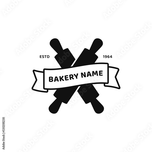 Pastry bakery store logo icon with rolling pin and banner ribbon