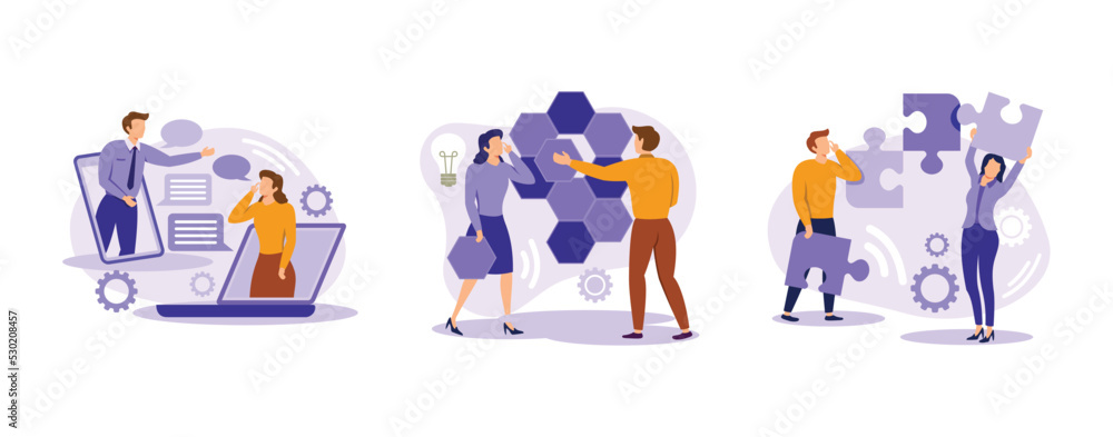Business support. Unified communication, design structure matrix, mutual assistance, project management, team work. set flat vector modern illustration Business support. Unified communication, design structure matrix, mutual assistance, project management, team work. set flat vector modern illustration