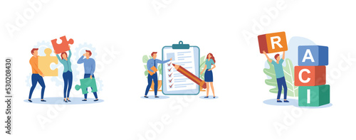 Developers team management. Dedicated team, task management, RACI matrix, outsource, productivity online platform, responsibility chart abstract metaphor. set flat vector modern illustration