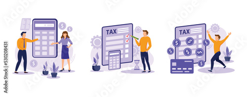 Financial documents and forms, paperwork. Accountant appointment, filing the taxes, tax return metaphors. Calculating obligatory payments. set flat vector modern illustration photo