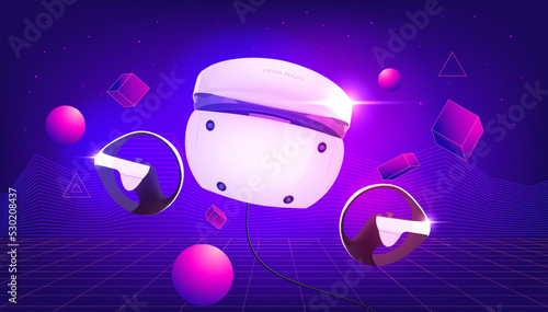 Virtual reality headset and controllers for gaming. VR helmet. Metaverse technology concept.