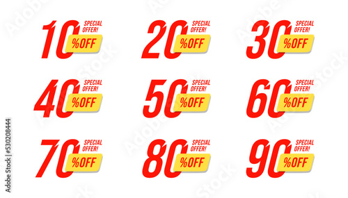 Special offer discount label with different sale percentage. 10, 20, 30, 40, 50, 60, 70, 80, 90 percent off price reduction badge promotion design emblem set vector.