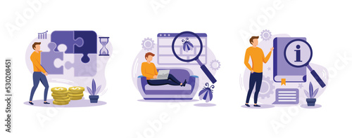 Customer experience. Project delivery, beta testing, user guide, software development, new product launch, technical guide. set flat vector modern illustration
