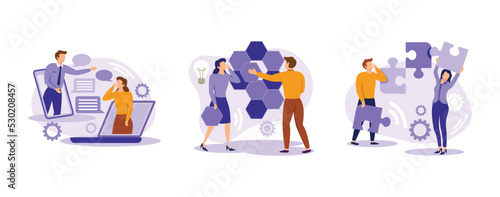 Business support. Unified communication, design structure matrix, mutual assistance, project management, team work. set flat vector modern illustration