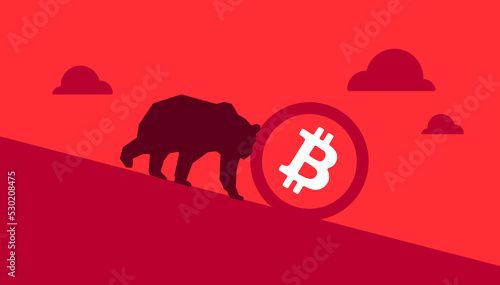 Bitcoin (BTC) bearish market concept. Bitcoin price going down. Bitcoin price falls to all time low. Bitcoin crash design.
