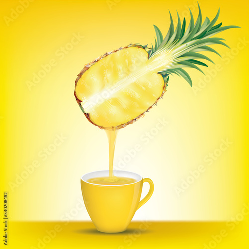 Drinking water from pineapple comes down to the cup.illustration vector