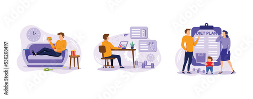 Break unhealthy habits. Passive lifestyle, health and nutrition workshop, overweight kids training plan, child obesity, junk food. set flat vector modern illustration