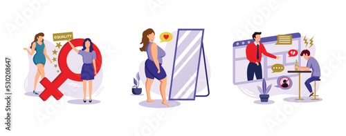 Social activism. Feminism, body positive, internet criticism, girl power, gender equality, plus size brand promotion. set flat vector modern illustration