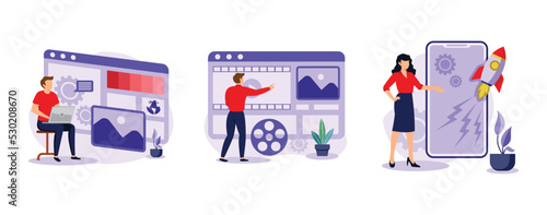 Web development company. Website and motion graphic design, accelerated mobile pages, business landing page. set flat vector modern illustration