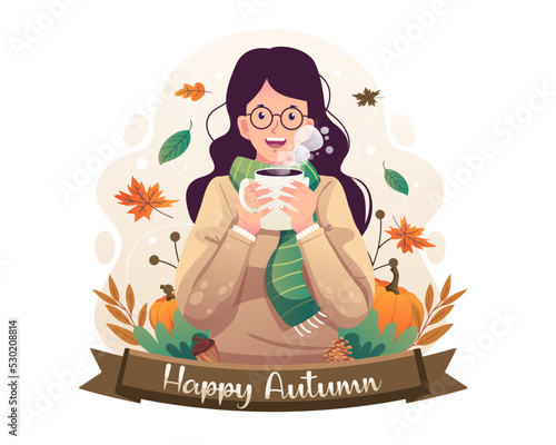 Hello Autumn with a girl in a warm sweater enjoy autumn by holding a hot drink. A cute woman enjoying a hot cup of coffee or tea. Vector illustration in flat style
