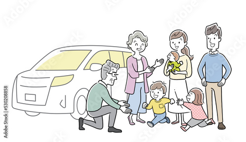 ベクターイラスト素材：3世代家族と車、マイカー
