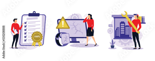 Product quality. High quality sign, defective product, DIY repair, ISO certification, broken equipment, repair manual. set flat vector modern illustration
