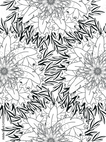 Doodle floral pattern in black and white. A page for coloring book: fascinating and relaxing job for children and adults. Zentangle drawing. Flower carpet in a magic garden