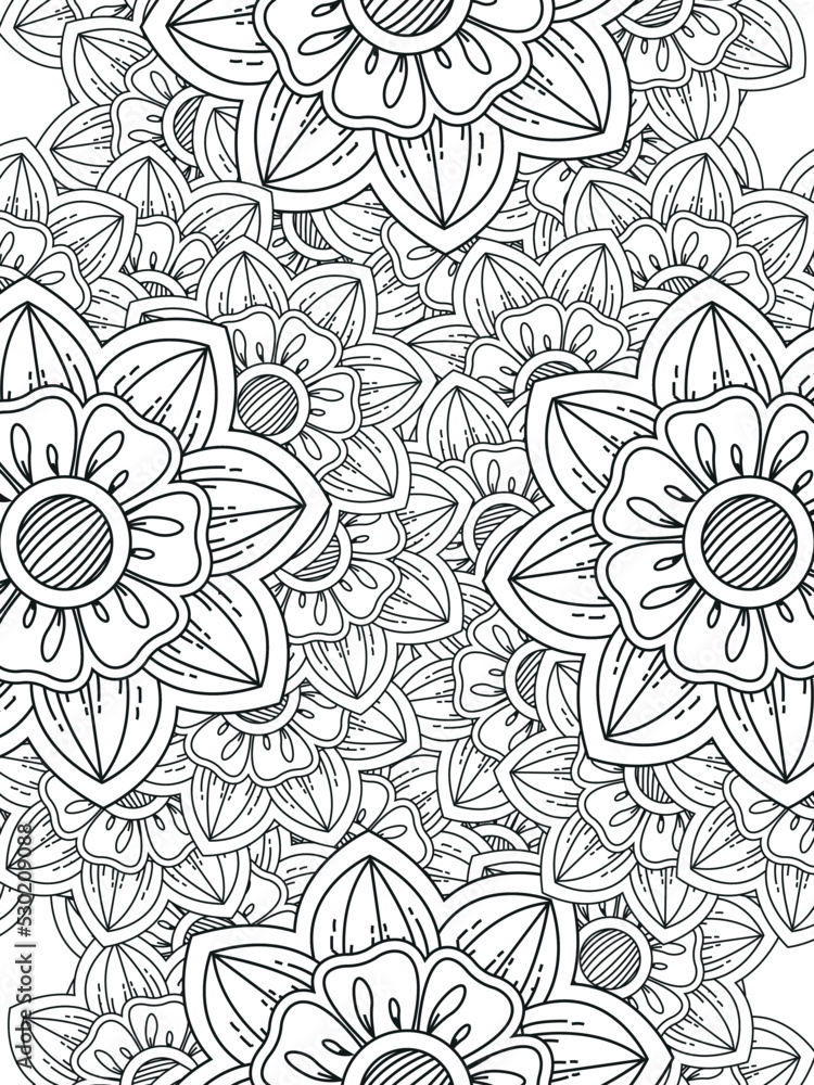 Doodle floral pattern in black and white. A page for coloring book: fascinating and relaxing job for children and adults. Zentangle drawing. Flower carpet in a magic garden Doodle floral pattern in black and white. A page for coloring book: fascinating and relaxing job for children and adults. Zentangle drawing. Flower carpet in a magic garden