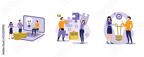 Cooperation and teamwork. Crowdfunding and partnership, new idea generation, collect donations, business venture. set flat vector modern illlustration