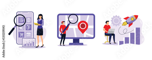 SEO strategy. Mobile media optimization, local search, boost in traffic, search engine targeting, business digital promotion. set flat vector modern illlustration